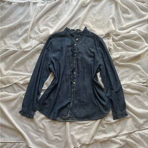 LOFT Denim Chambray Lightweight Button Down Ruffle Mock-neck Blouse